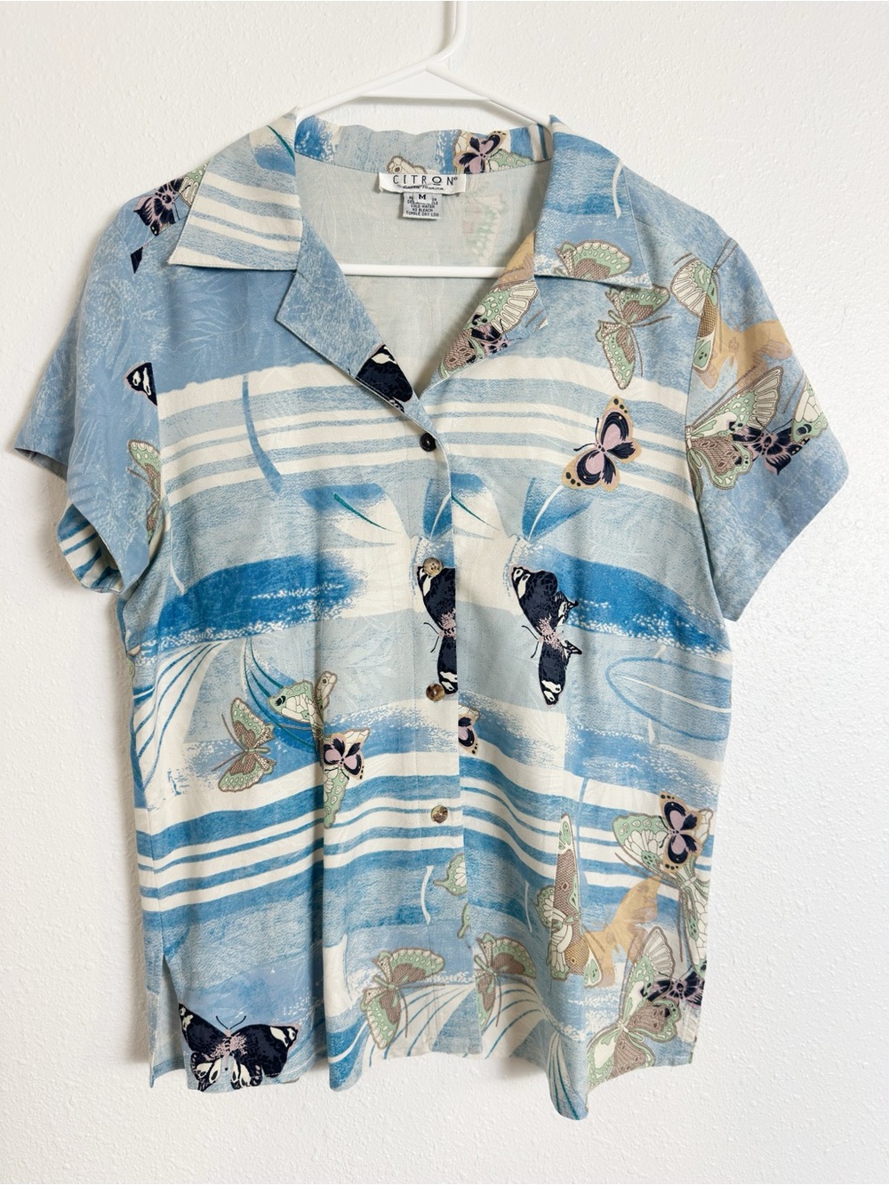 Citron Santa Monica silk butterfly print button down top